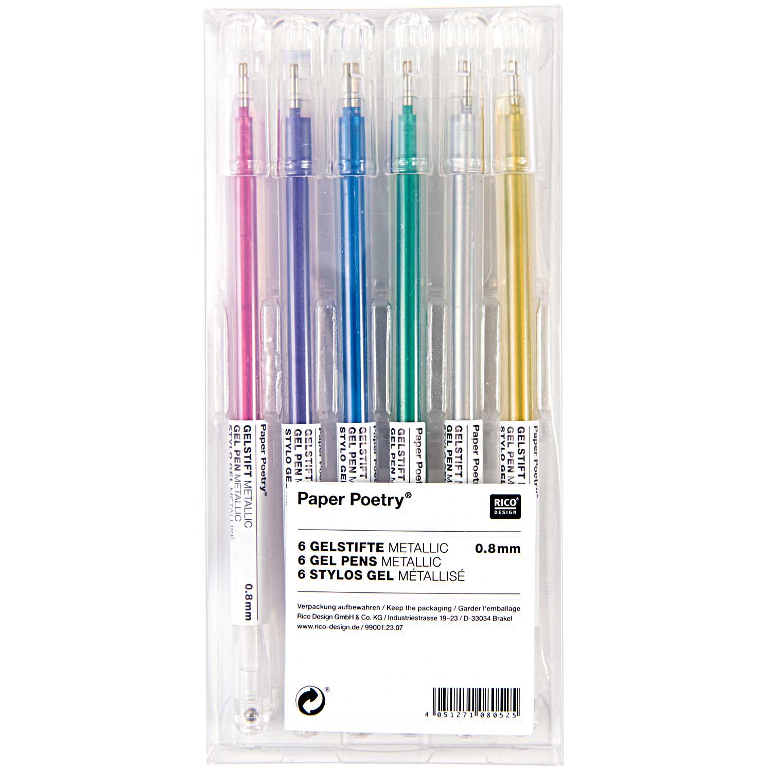SET BOLÍGRAFOS GEL MULTICOLOR METALICOS 0,8 MM. PAPER POETRY 99001.23.07 (6 UDS.) RICO DESIGN
