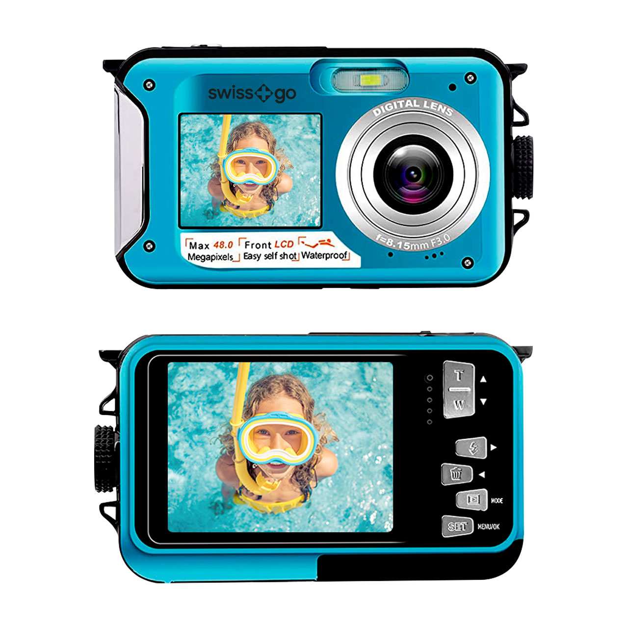 SWISS+GO AQUASHOT CÁMARA COMPACTA SUMERGIBLE 3 MTS. AZUL + MICROSD 16GB - Imagen 2